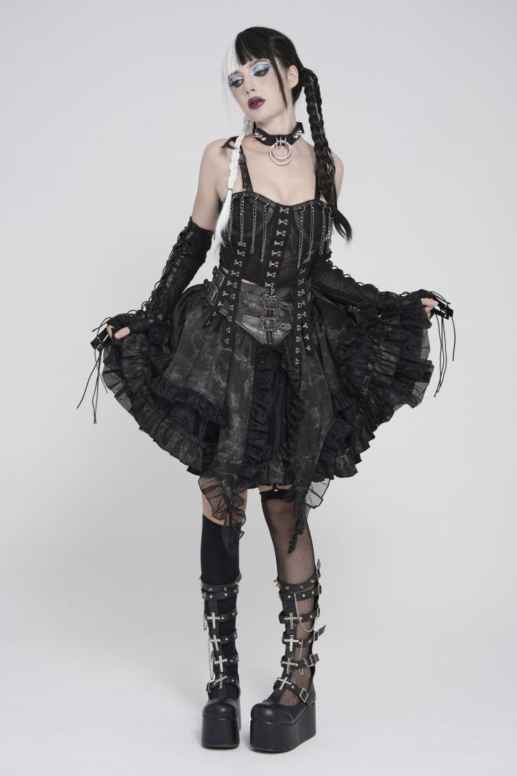 Black Off Shoulder Lace Lace-Up Slim Mesh Strappy Chain-Decorated Eyelet Women's Punk Corset - Product - 5