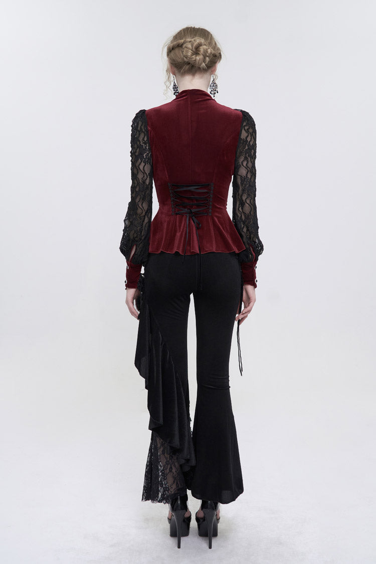 Red Velvet High Neck Lace Fake Bra Design Splicing Three-Dimensional Butterfly Mesh Women's Gothic Shirt - Product - 7