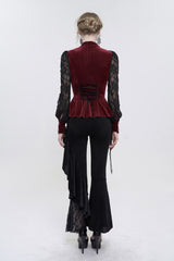 Red Velvet High Neck Lace Fake Bra Design Splicing Three-Dimensional Butterfly Mesh Women's Gothic Shirt - Product - 7