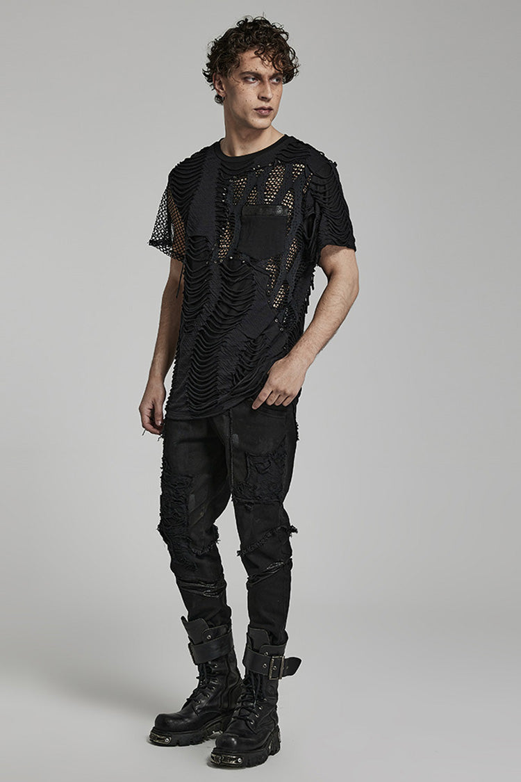 Black Short Sleeves Stitching Mesh Ripped Men's Punk T-Shirt - Product - 4