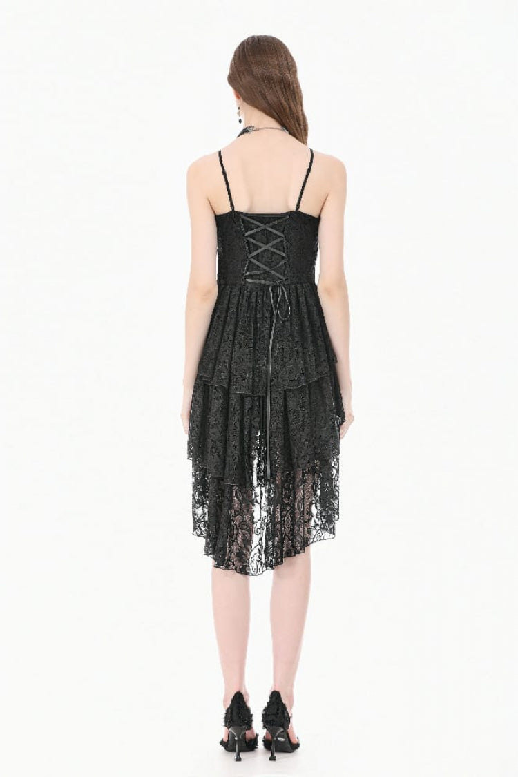 Black Lace-Up Women's Gothic High-Low Multi-Layered Ruffled Tail Lace Slip Dress - Product - 4