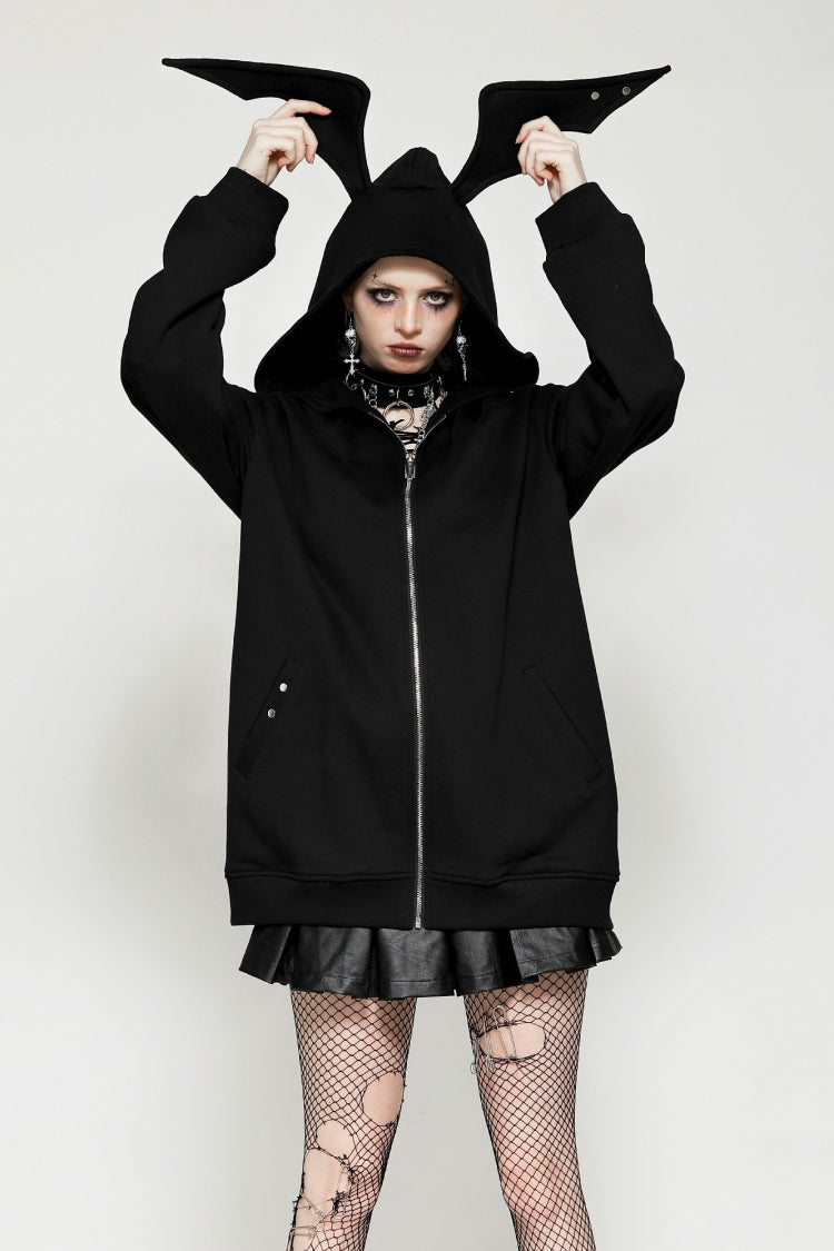 Black Long Sleeves Zippered Women's Gothic Batwing Hoodie - Black - 1