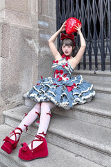 Blue [Milk Rabbit Theater] Halterneck Sleeveless Triple-Layered Ruffle Bowknot Lace-Up Sweet Lolita Jsk Dress - Product - 12