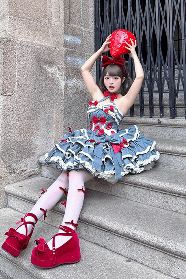 Blue [Milk Rabbit Theater] Halterneck Sleeveless Triple-Layered Ruffle Bowknot Lace-Up Sweet Lolita Jsk Dress - Product - 12