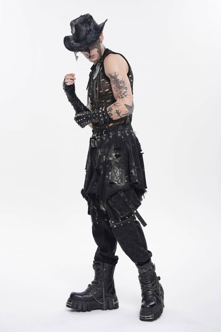Black Irregular Ripped Buckled Pleated Chain-Decorated Men's Punk Skirt - Product - 4