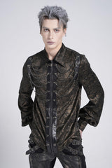 Black Lapel Collar Long Puff Sleeves Faux Leather Stitching Men's Gothic Blouse with Chain - Black - 1