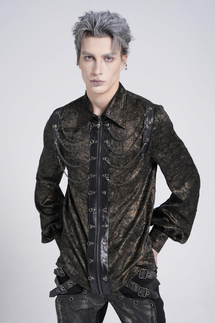 Black Lapel Collar Long Puff Sleeves Faux Leather Stitching Men's Gothic Blouse with Chain - Black - 1