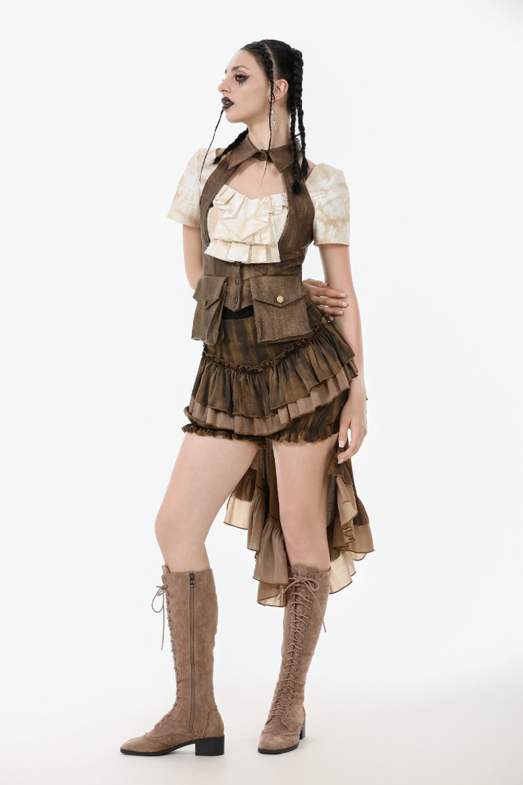 Brown Point Lapel Collar Sleeveless Women's Steampunk Utility Vest with Cargo Pockets - Product - 9