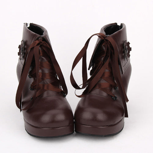 Brown Lace Up High Heel Classic Lolita Short Boots - Product - 3