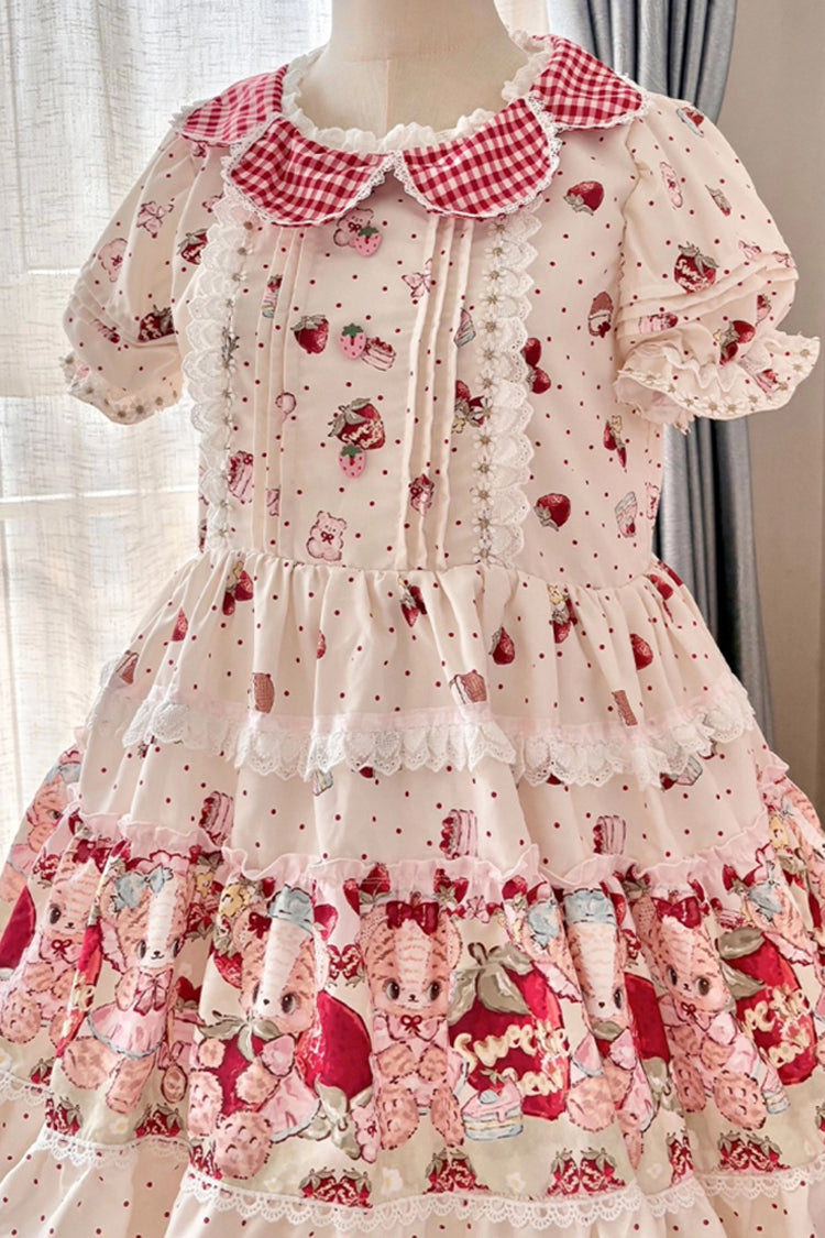 アイボリー [Bear Strawberry Ode] プリント 半袖 二層 フリル リボン スウィートプリンセスロリータ ジャンパースカート（JSK） 商品画像