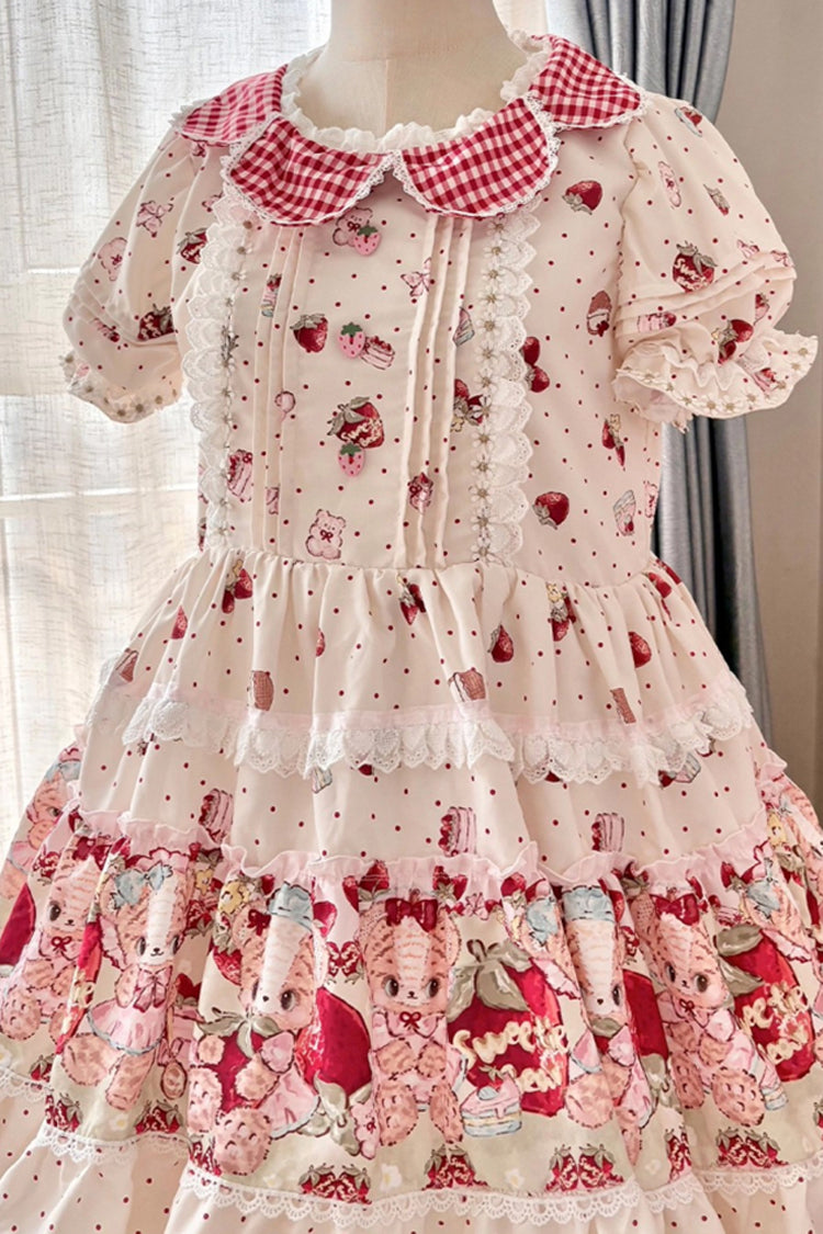 Ivory [Bear Strawberry Ode] Print Short Sleeves Double-Layered Ruffle Bowknot Sweet Princess Lolita Jsk Dress - Product - 6