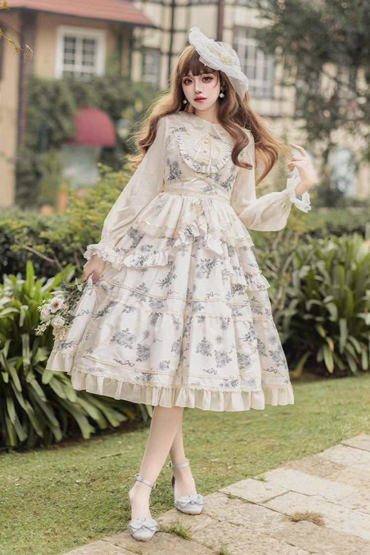 Psalm Rose Doll Collar Print Ruffle Sweet Lolita Jsk Dress 2 Colors - Apricot - 8