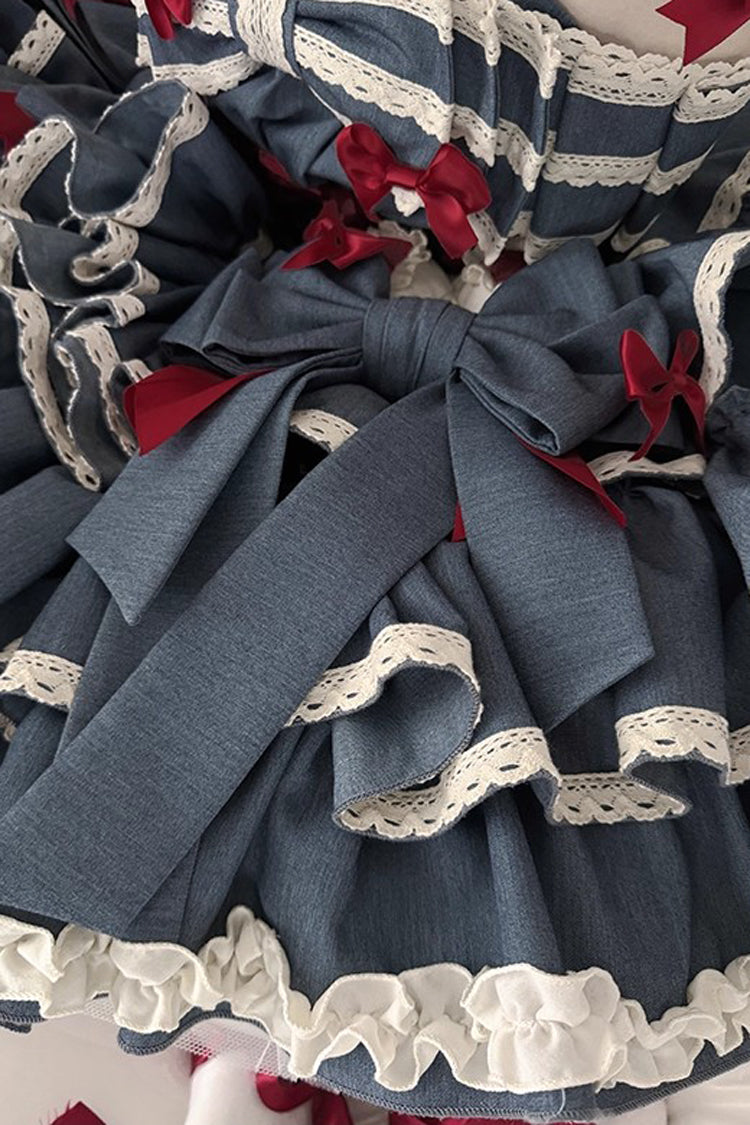 Blue [Milk Rabbit Theater] Halterneck Sleeveless Triple-Layered Ruffle Bowknot Lace-Up Sweet Lolita Jsk Dress - Product - 15