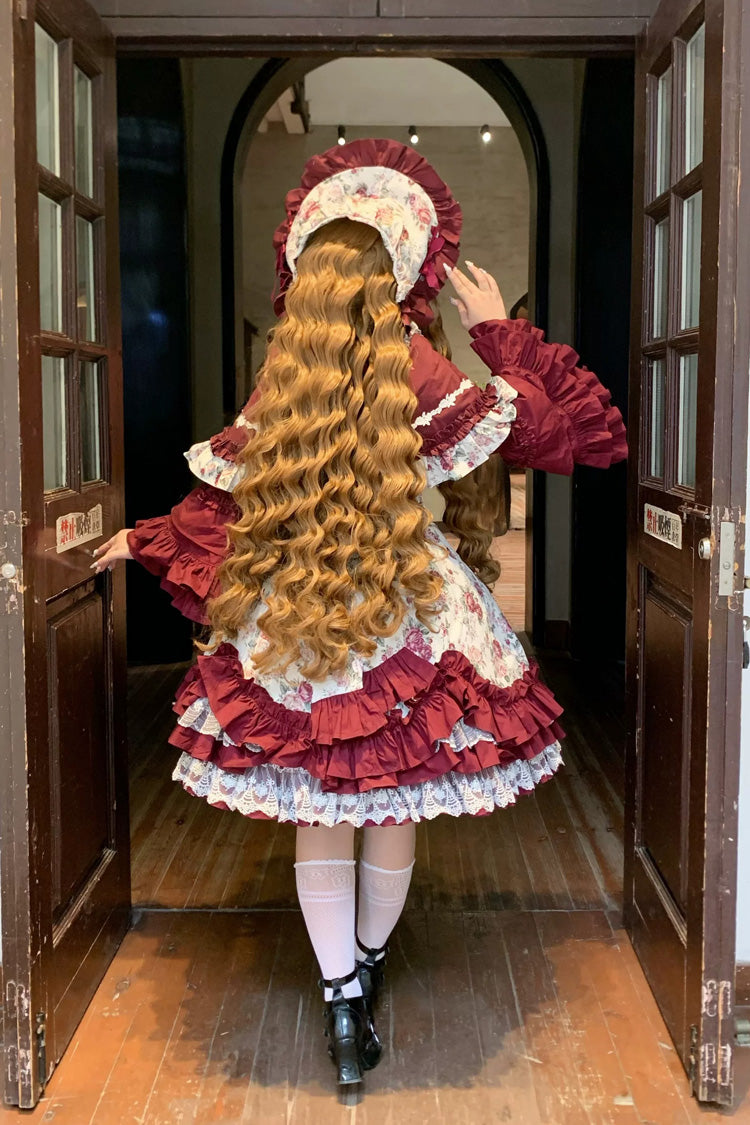 Burgundy Rose Flower Wall Printed Off Shoulder Sleeveless Ruffled Bow Lace Gothic Lolita Jsk Dress - Product - 14