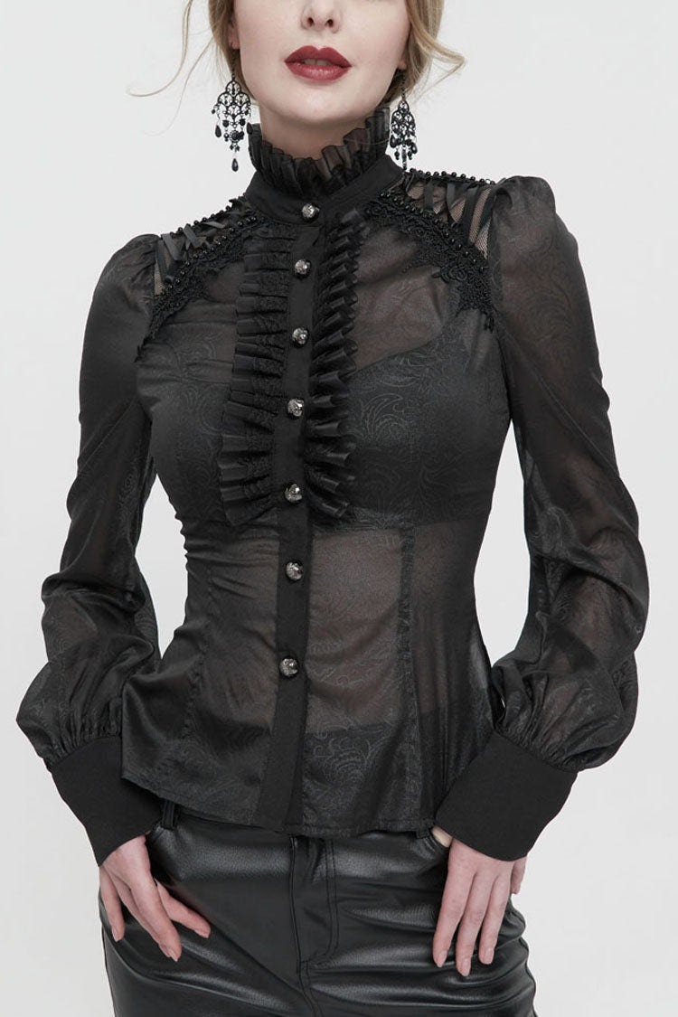 Black Long Sleeve Ruffles On Chest Shoulder Back Tie Detail See-Through Pattern Material Stand Collar Women's Gothic Shirt - Black - 1