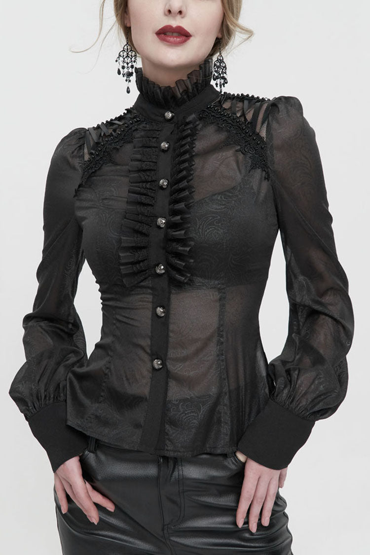 Black Long Sleeve Ruffles On Chest Shoulder Back Tie Detail See-Through Pattern Material Stand Collar Women's Gothic Shirt - Black - 1