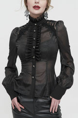 Black Long Sleeve Ruffles On Chest Shoulder Back Tie Detail See-Through Pattern Material Stand Collar Women's Gothic Shirt - Black - 1
