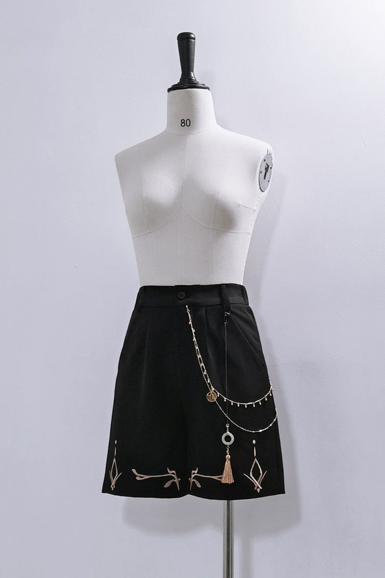 Black/White [Mountain Spirit] Long Sleeves Embroidered Hooded Classic Chinese Inspired Ouji Lolita Shorts Set - Shorts(Only) - 18