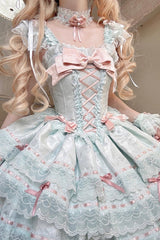 Green [Flora Isle Butterfly] Sleeveless Ruffle Bowknot Lace Lace-Up Sweet Elegant Lolita Jsk Dress - Product - 11