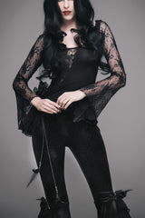 Black Front Chest Rose Decoration Flare Sleeve Irregular Lace Hem Knit Women's Gothic T-Shirt - Black - 1