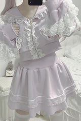 Pink [Heartbeat Rhythm] Long Sleeves Ruffle Lace Hooded Jirai Kei Japanese Skirt Set - Product - 3