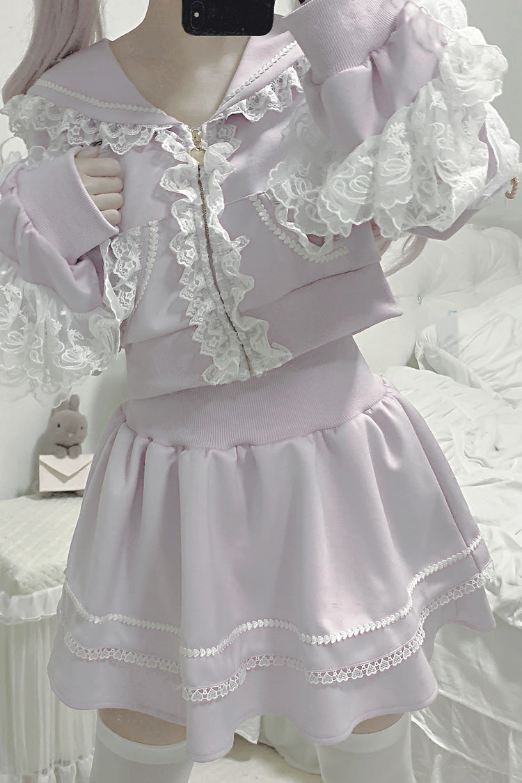 Pink [Heartbeat Rhythm] Long Sleeves Ruffle Lace Hooded Jirai Kei Japanese Skirt Set - Product - 3