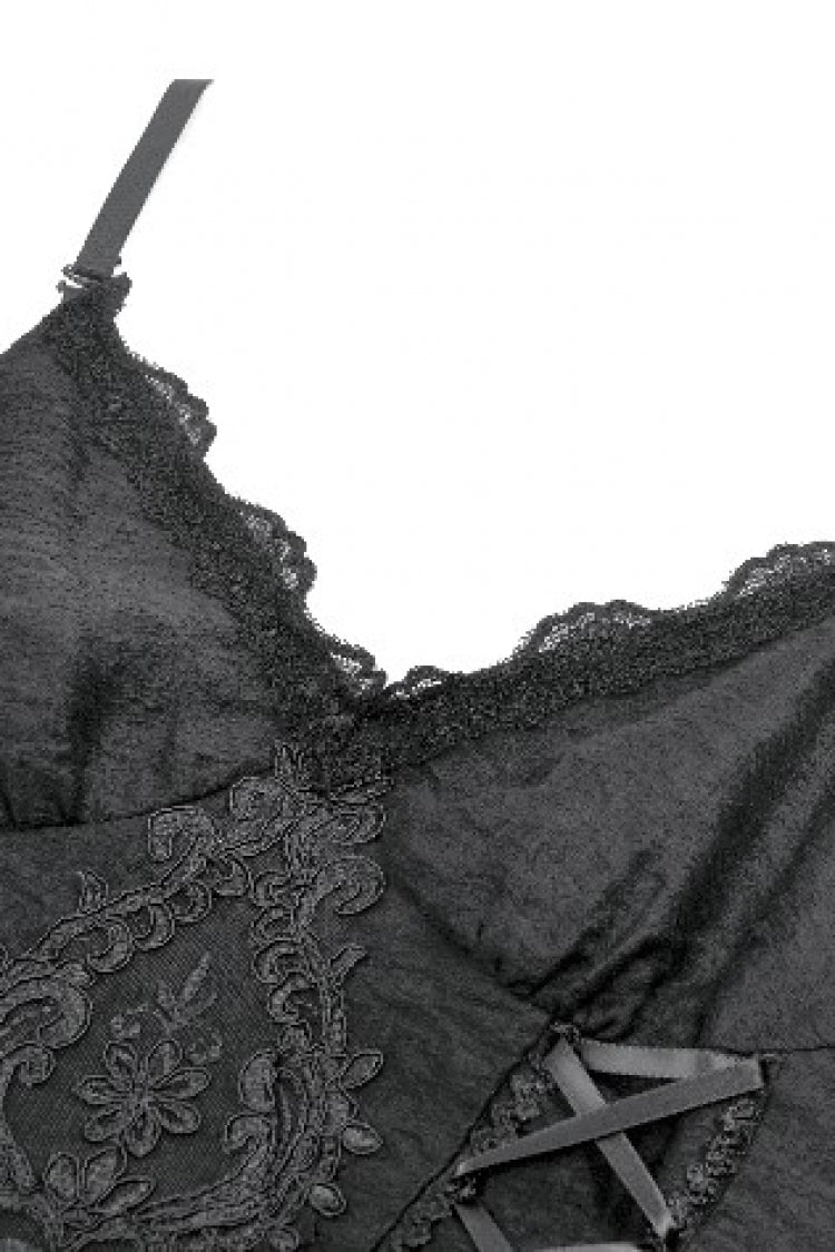 Black Sleeveless Floral Embroidered Lace Lace-Up Women's Gothic Slip Dress Wedding Dress - Product - 13