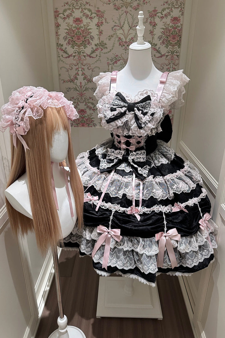 Black/Pink [Silk Satin Gift Box] Square Collar Sleeveless Multi-Layered Ruffled Bow Lace Sweet Lolita Jsk Dress - Product - 2