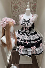 Black/Pink [Silk Satin Gift Box] Square Collar Sleeveless Multi-Layered Ruffled Bow Lace Sweet Lolita Jsk Dress - Product - 2
