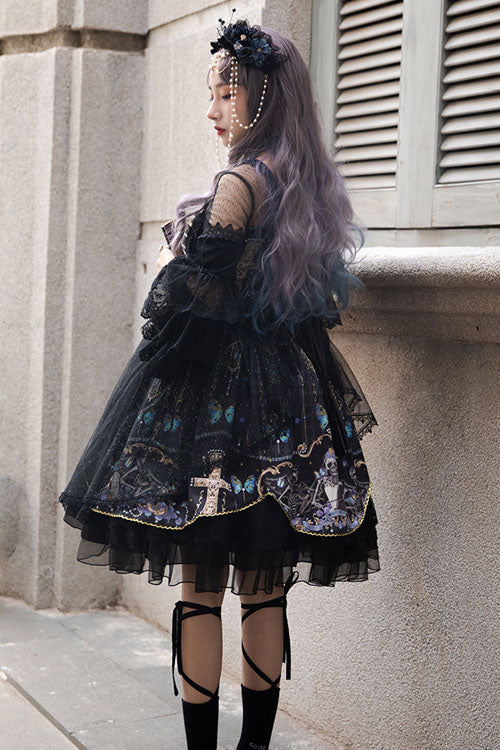 Black Square Collar Cemetery Butterfly Skull Print Lace Lantern Sleeves Multi-Layer Ruffled Gothic Lolita OP Dress - Product - 5