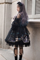 Black Square Collar Cemetery Butterfly Skull Print Lace Lantern Sleeves Multi-Layer Ruffled Gothic Lolita OP Dress - Product - 5