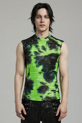 Black/Green Stand Collar Sleeveless Tie-dyed Men's Punk Vest - Black/Green - 1