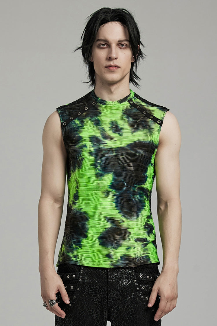 Black/Green Stand Collar Sleeveless Tie-dyed Men's Punk Vest - Black/Green - 1
