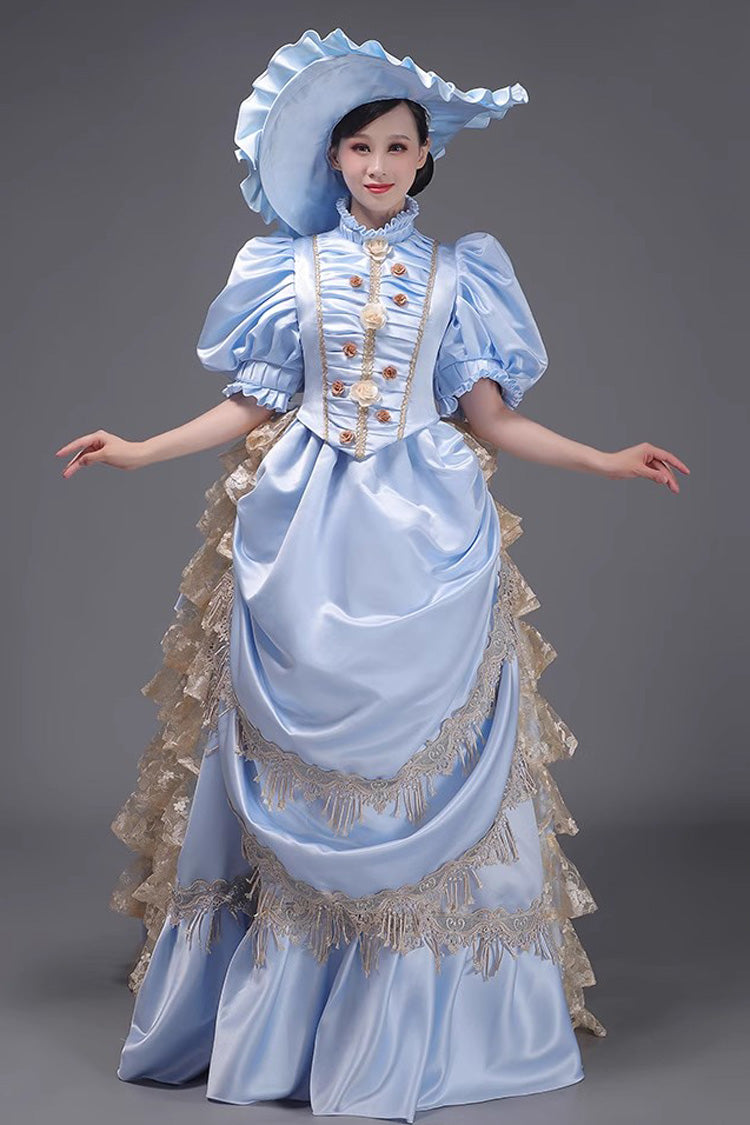 European Style Long Sleeves Multi-layer Ruffle Classic Elegant Princess Victorian Dress 3 Colors - Blue - 10