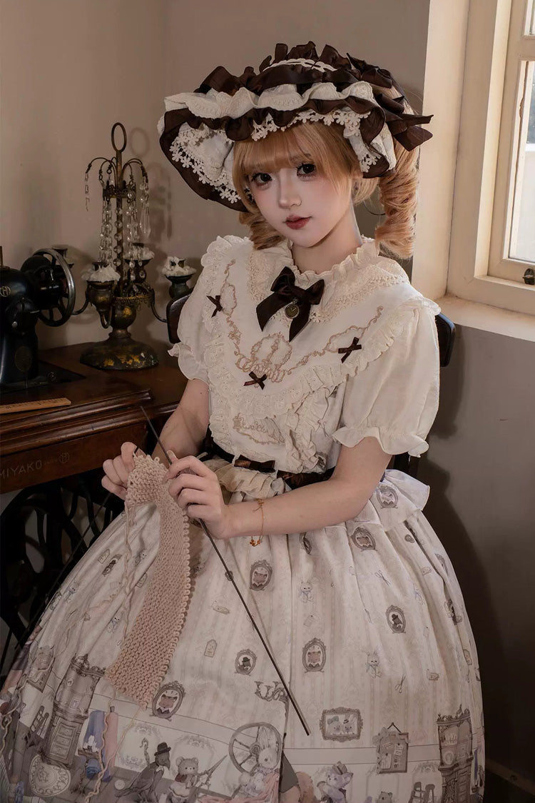 Ivory [Forest Tailor Shop] Stand Collar Short Sleeves Printed Ruffled Bow Sweet Lolita Dress - Product - 2