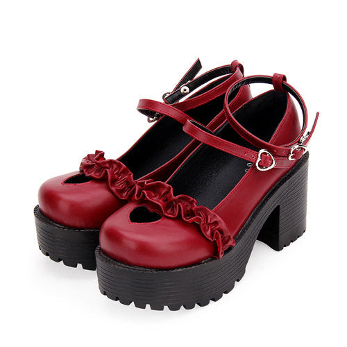Round Toe Hollow Out Heart Shape Ruffle School Sweet Lolita Shoes - Red - 3
