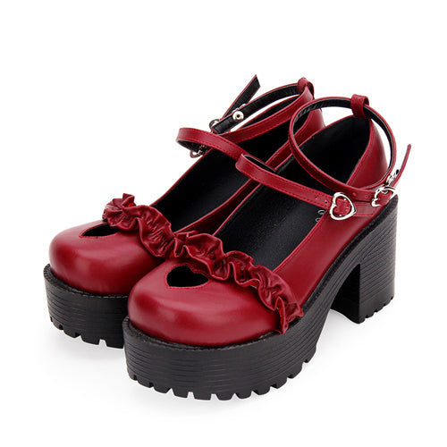 Round Toe Hollow Out Heart Shape Ruffle School Sweet Lolita Shoes - Red - 3