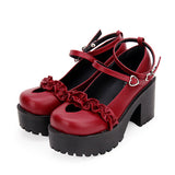 Round Toe Hollow Out Heart Shape Ruffle School Sweet Lolita Shoes - Red - 3