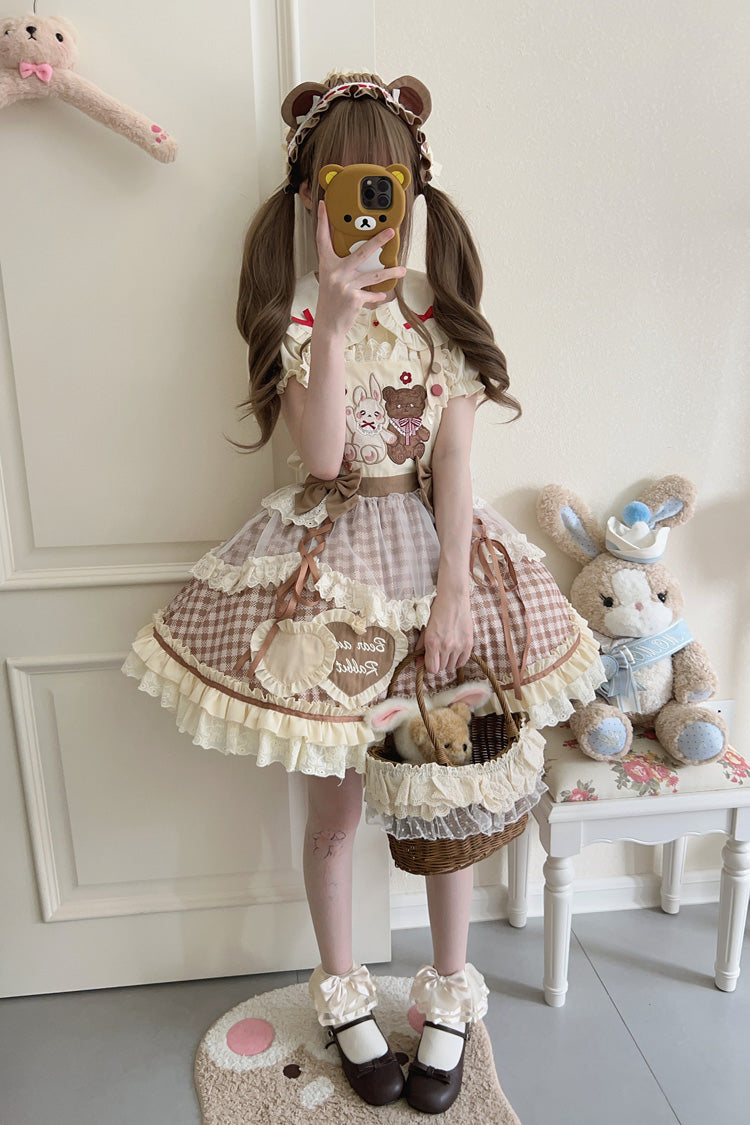 Rabbit Bear Diary Plaid Print Ruffle Bowknot Sweet Lolita Skirt 2 Colors (Blouse Included) - Product - 11