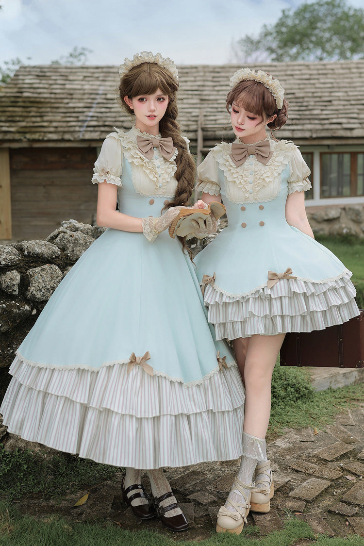 Blue [Sea Salt Snow Cap] Stand Collar Short Sleeves Petal Hem Ruffled Bow Sweet Lolita Dress Set 2 Versions - Product - 2