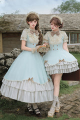 Blue [Sea Salt Snow Cap] Stand Collar Short Sleeves Petal Hem Ruffled Bow Sweet Lolita Dress Set 2 Versions - Product - 2