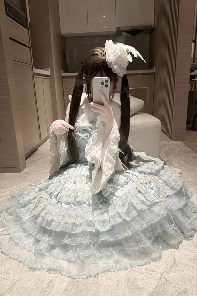 Blue [Sweetheart Diary] Multi-Layered Ruffle Hanayome Embroidery Bowknot Lace Sweet Lolita Jsk Dress - Product - 13