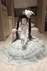 Blue [Sweetheart Diary] Multi-Layered Ruffle Hanayome Embroidery Bowknot Lace Sweet Lolita Jsk Dress - Product - 13