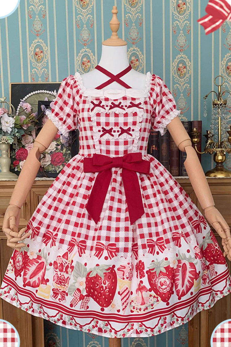 Red Short Sleeves Strawberry Plaid Print Bowknot Sweet Plus Size Princess Lolita Dress - Product - 3