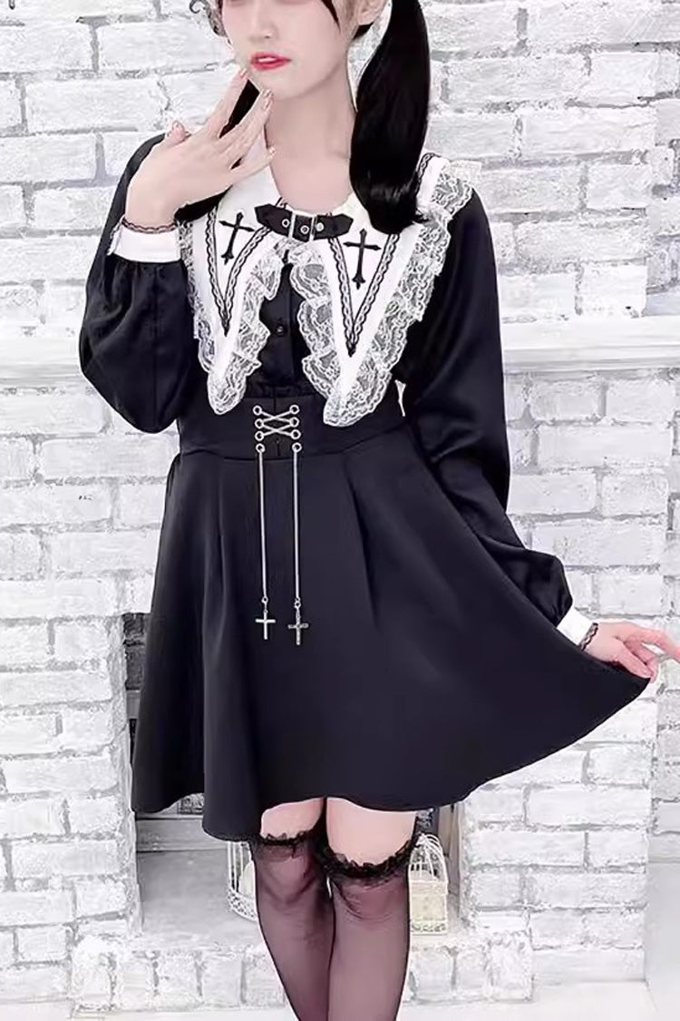 Jirai Kei Long Sleeves Cross Embroidery Japanese Lolita Blouse 2 Colors - Black/White - 2