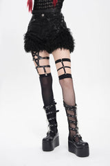 Black Plush Stitching Buckle Straps Women's Punk Shorts - Product - 3