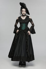 Black V Collar Long Trumpet Sleeves Double-Layered Hanayome Cut-Out Embroidered Lace Lace-Up Pearl-Decorated Pleated Women's Gothic Gorgeous Palace Dress - Black - 1
