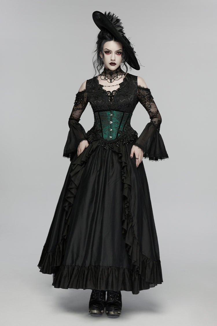 Black V Collar Long Trumpet Sleeves Double-Layered Hanayome Cut-Out Embroidered Lace Lace-Up Pearl-Decorated Pleated Women's Gothic Gorgeous Palace Dress - Black - 1