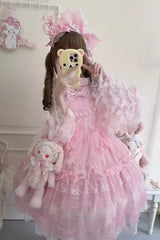 Pink [Sugar Heart Knot] Multi-Layered Ruffled Bow Lace Sweet Lolita Jsk Dress - Product - 4