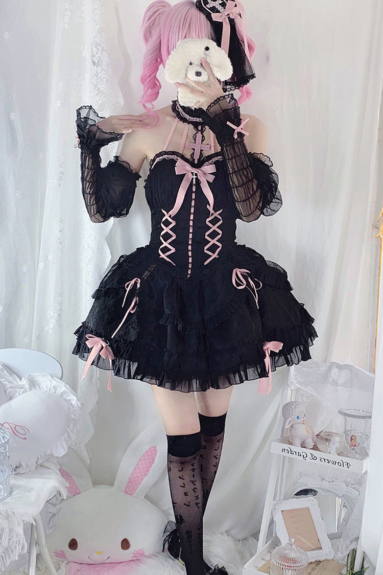 Black/Pink Tube Top Sleeveless Ruffle Bowknot Gothic Lolita Jsk Tiered Dress - Product - 4